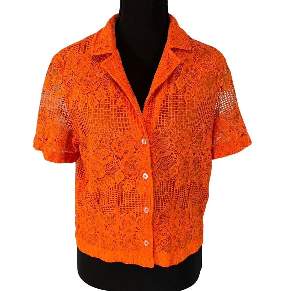 Maeve by Anthropologie Orange Floral Lace Short Sleeve Button Down Shirt Medium